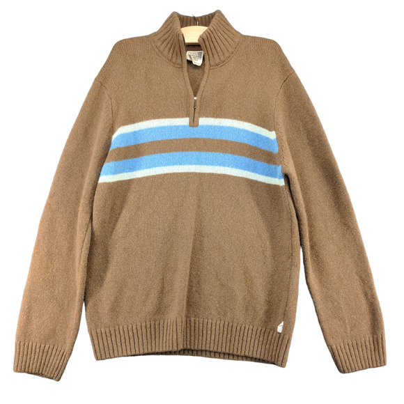 Timberland Men's 1/4 Zip Pullover Knit Sweater Brown XL Chest Stripe Lambswool - Picture 1 of 13